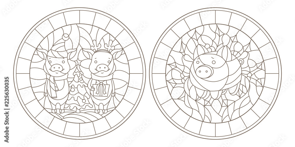 Set of contour illustrations of stained glass Windows for the New year with pigs, dark contours on a white background Set of contour illustrations of stained glass Windows for the New year with pigs, dark contours on a white background