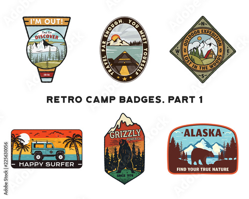 Set of retro Wanderlust Logos Emblems. Vintage hand drawn travel badges. Different camp, forest activities scenes . Included custom adventure quotes. Stock vector hike insignias isolated on white