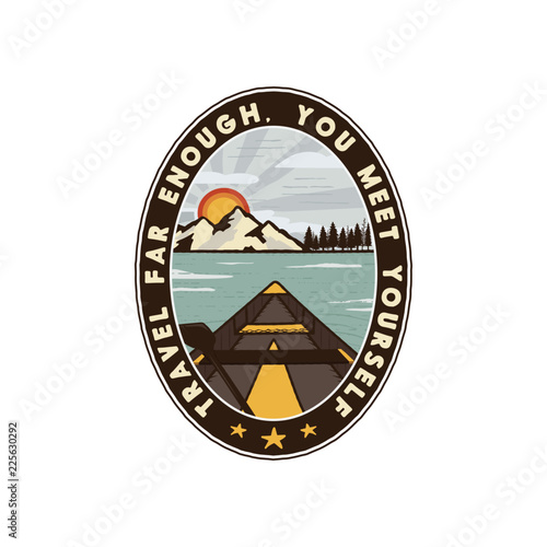 Wanderlust Logo Emblem. Vintage hand drawn travel badge. Featuring canoe through the mountains, forest and lake scene. Included custom adventure quote Stock vector hike insignia
