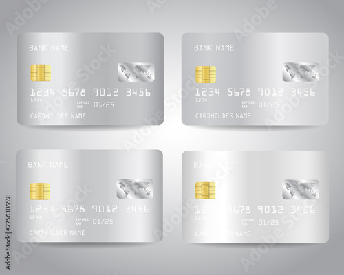Realistic detailed silver credit cards set with abstract white chrome metallic gradient design