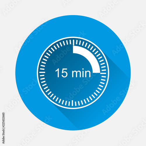 Clock icon indicating the time interval of 15 minutes on blue background. Flat image fifteen minutes time on the clockwith long shadow. Layers grouped for easy editing illustration. For your design.