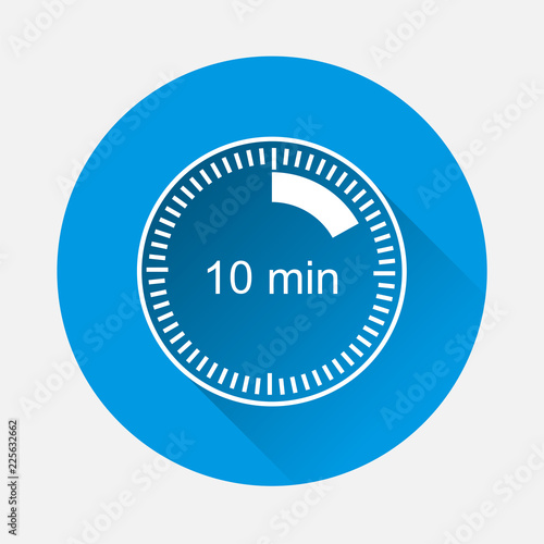 A clock icon indicating the time span of 10 minutes on blue background. Flat image  time span is ten minutes with long shadow. Layers grouped for easy editing illustration. For your design.