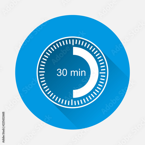 Clock icon indicating  time interval of 30 minute on blue background. Flat image thirty minutes with long shadow.  Layers grouped for easy editing illustration. For your design.