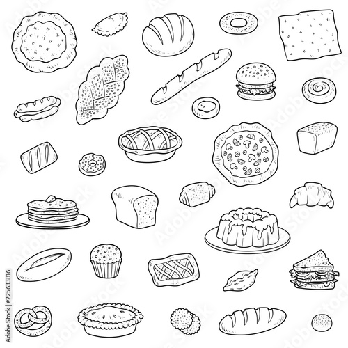 Black and white collection about bread bakery products. Vector set of pastry and baked goods