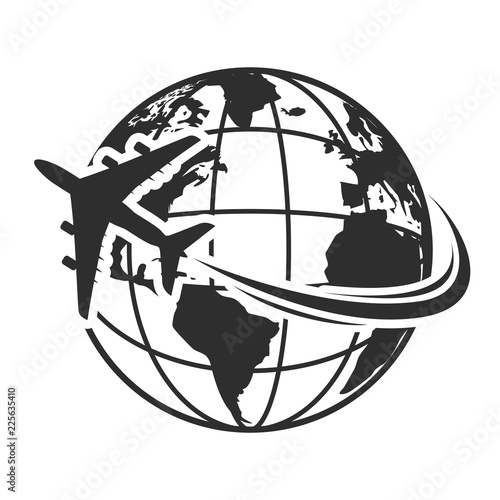 Travel icons with airplane fly around the earth
