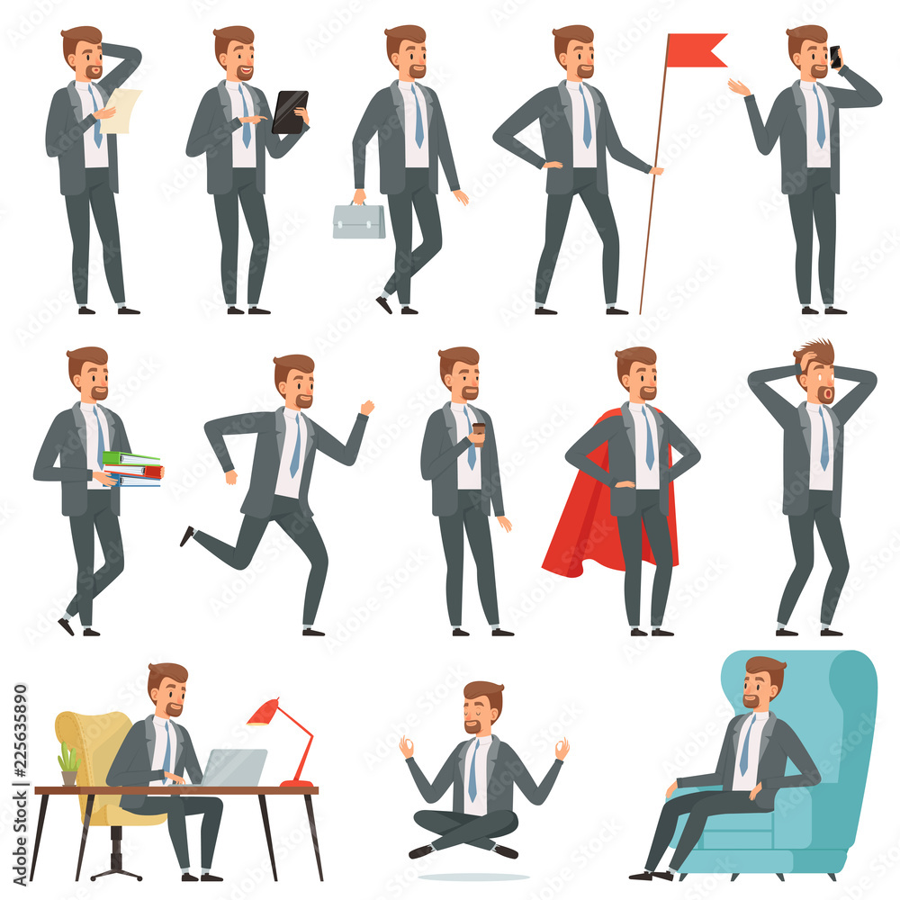 Characters of businessman. Set of businessman in various action poses. Business man worker, entrepreneur professional, vector illustration Characters of businessman. Set of businessman in various action poses. Business man worker, entrepreneur professional, vector illustration