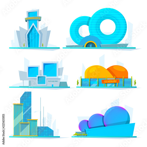 Fantastic buildings of future. Vector cartoon pictures town construction, skyscraper architectural, famous stadium and office illustration