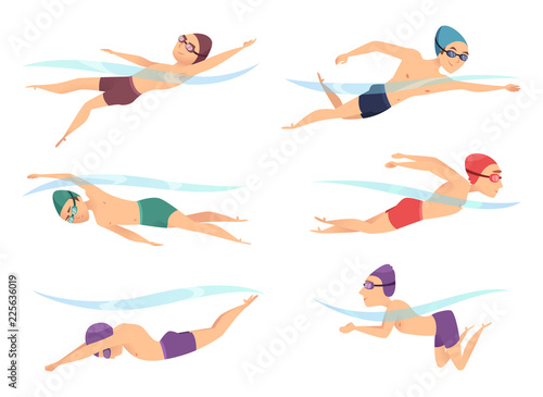 Swimmers at various poses. Cartoon sport characters in poll action poses crawl, breaststroke and butterfly, vector illustration