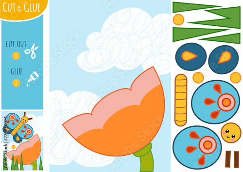 Education paper game for children. Flower meadow. The butterfly and flower.