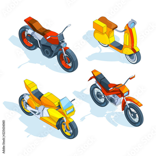 Motorcycles isometric. 3d vector pictures of transport. Motorbike transport, bike and motorcycle, transportation two-wheeled. Vector illustration