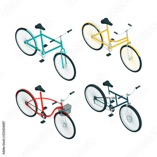 Bicycles isometric. Various types of bikes. Bicycle 3d collection illustration