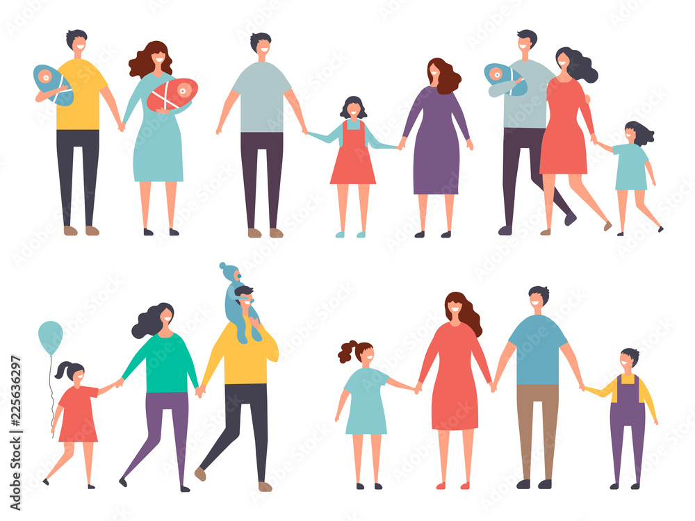 Male and female couples. Childrens and family couples characters isolate on white. Family mother father girl and boy, vector illustration Male and female couples. Childrens and family couples characters isolate on white. Family mother father girl and boy, vector illustration