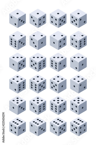 Dice for play. Various isometric 3d pictures of dice for games. Dice cube for casino play, gambling and fortune. Vector illustration