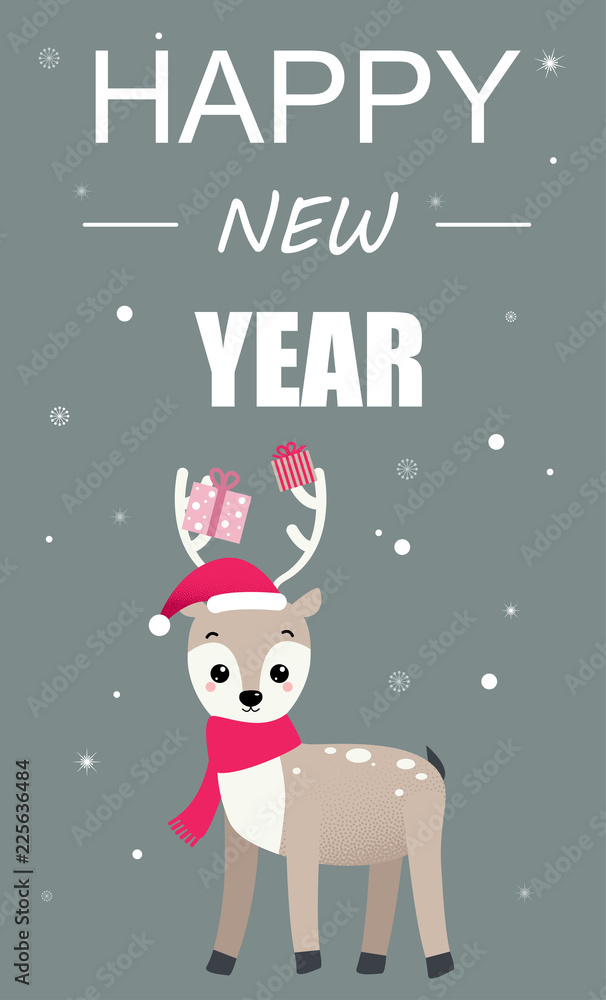 Happy New Year greeting card with cute cartoon deer with gifts.