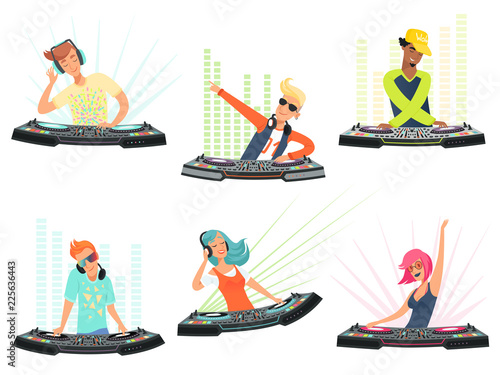 DJ characters. Vector illustrations of music cartoon mascots. Dj with headphone on club party