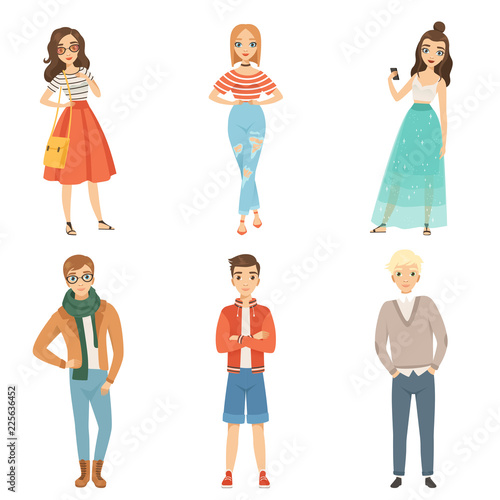 Fashionable guys and girls. Cartoon male and female characters in various fashion poses. Vector guy and female fashion illustration