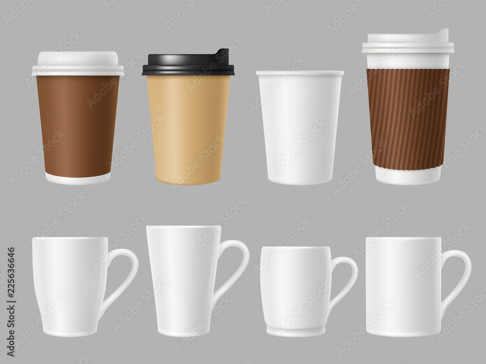 Coffee mockup cups. Blank white and brown mugs for hot coffee. Realistic vector template of paper and ceramic cups. Coffee mug and cup drink, hot espresso beverage illustration Coffee mockup cups. Blank white and brown mugs for hot coffee. Realistic vector template of paper and ceramic cups. Coffee mug and cup drink, hot espresso beverage illustration
