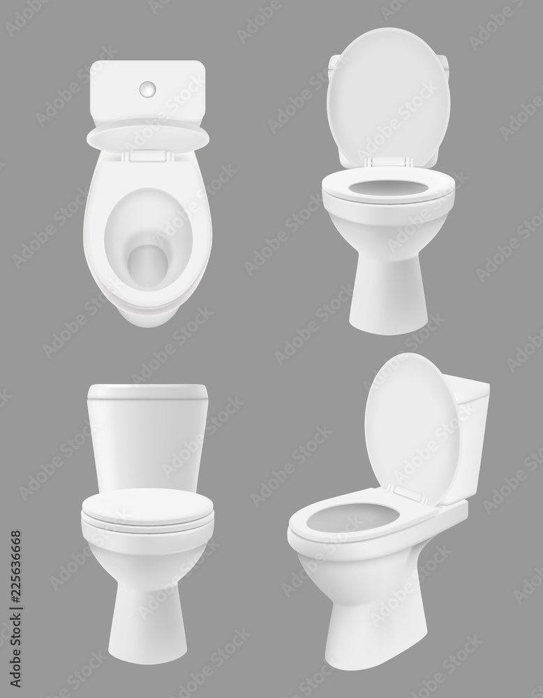Realistic clean toilet. White bowls in bathroom or washing room various