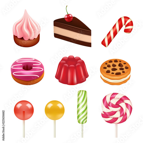 Sweets and candy pictures. Objects from sugar, dulce caramel candy and chocolate sweets vector illustrations isolate. Confectionery chocolate and candy, sugar caramel