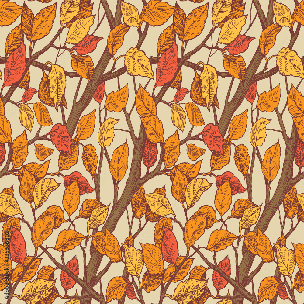 Floral ornament hand drawn seamless pattern with autumn leaves and brances.