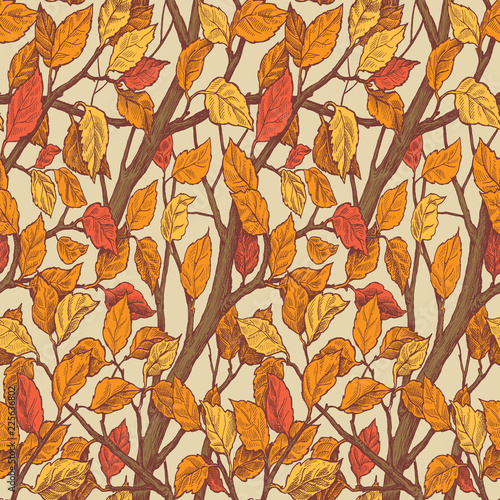 Floral ornament hand drawn seamless pattern with autumn leaves and brances.