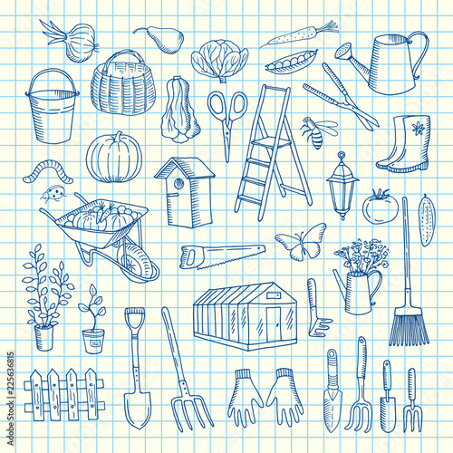 Vector gardening doodle icons on cell sheet illustration. Garden doodle sketch equipment bucket and saw, secateurs and gloves
