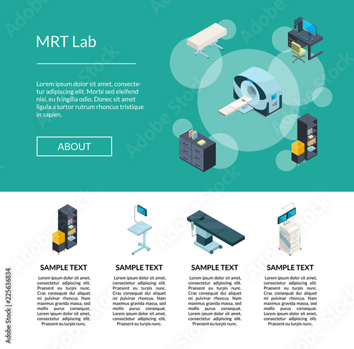 Vector isometric hospital icons landing page template illustration. Medical clinic isometric page, healthcare mrt lab webpage