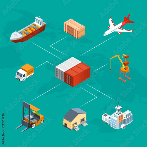Vector isometric marine logistics and seaport infographic concept illustration. Business logistic, delivery cargo truck, transportation infographic
