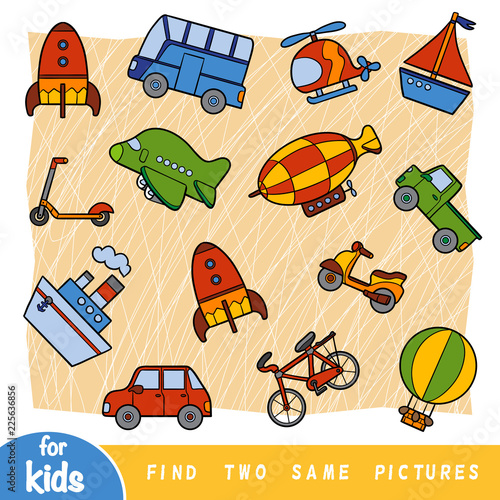 Find two the same pictures, education game. Colorful set of transport objects