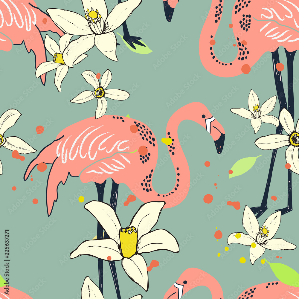 Abstract hand painted seamless animal background. Isolated birds