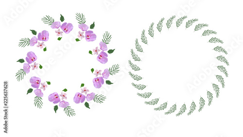 Floral design wreath, with hibiscus flowers and leaves hand drawn. Colorful vector illustration © Elena