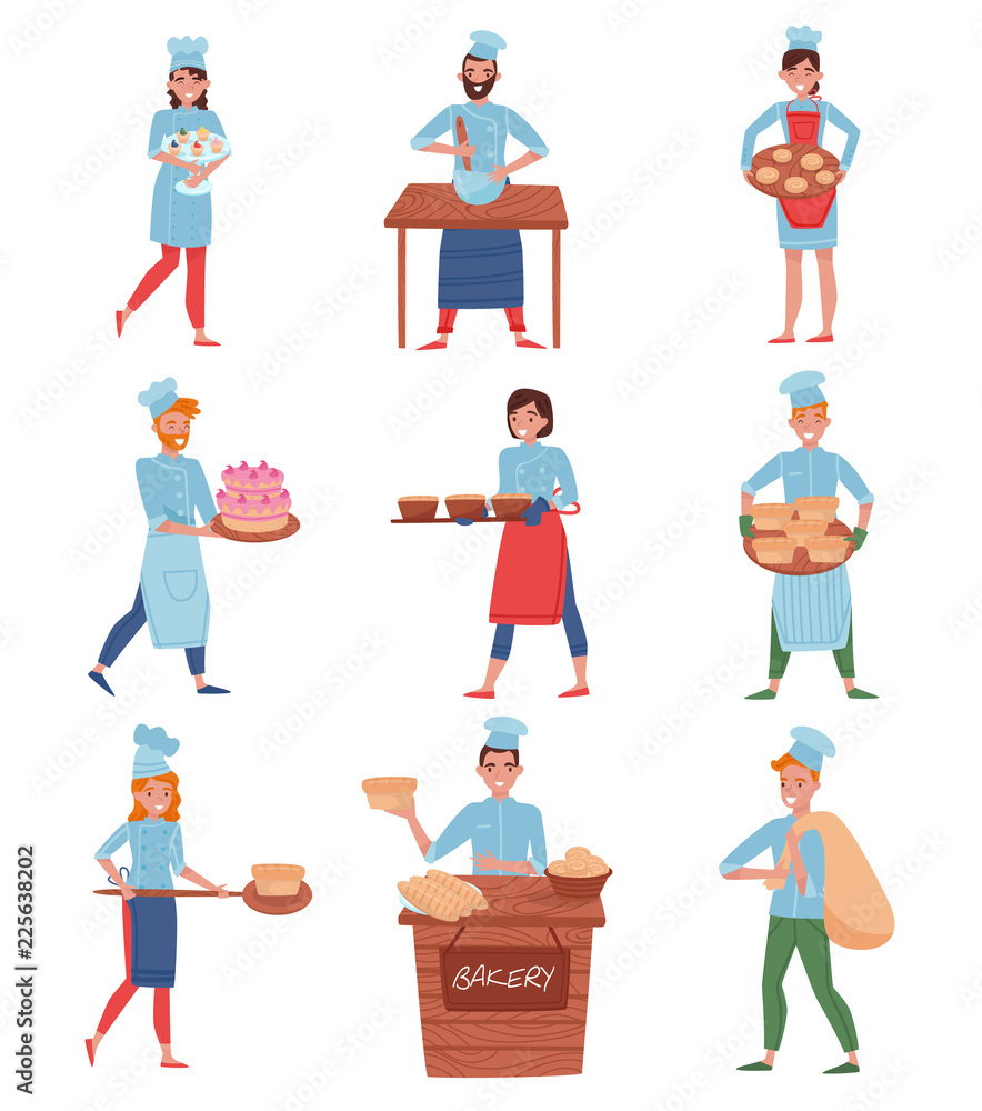 Flat vector set of professional chefs or bakers in different actions. Cartoon people characters in chef s uniform