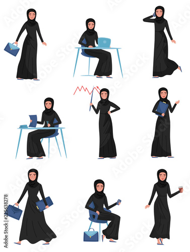 Flat vector set of Muslim business woman in different actions. Work at office. Young cute girl in long black dress and hijab