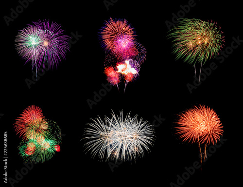 Colorful six fireworks explosion on black background