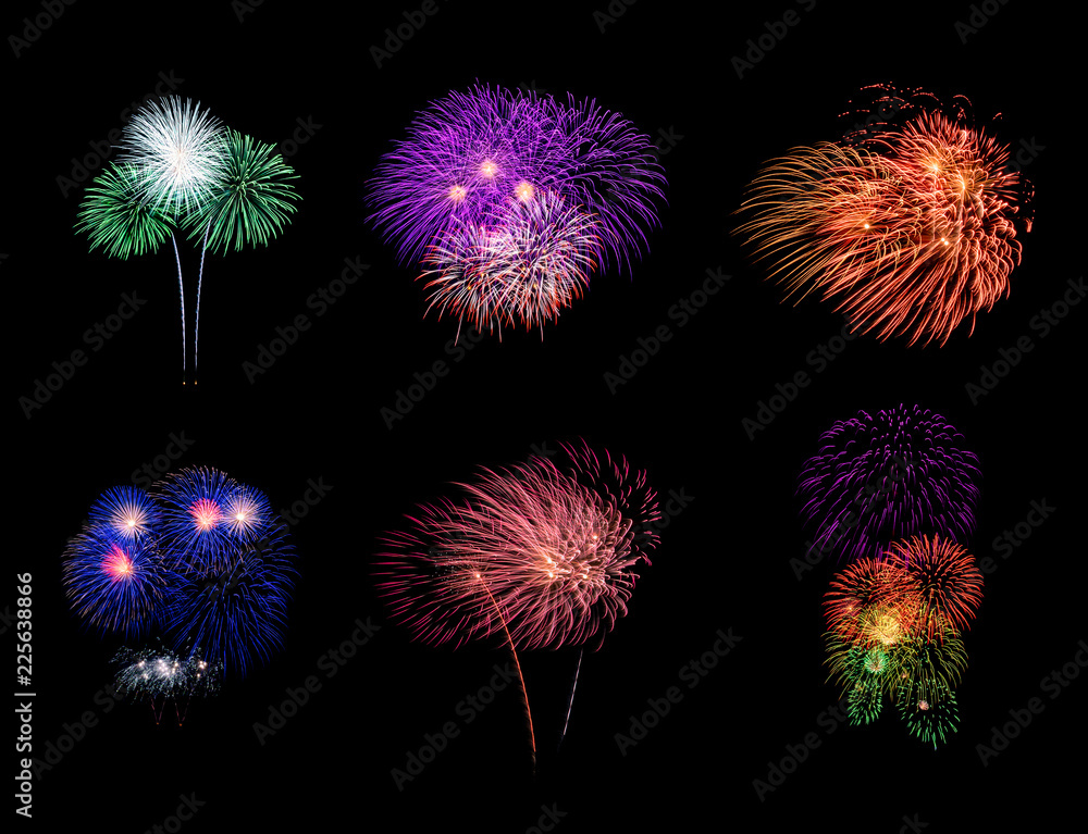 Collection of festive six fireworks on black background