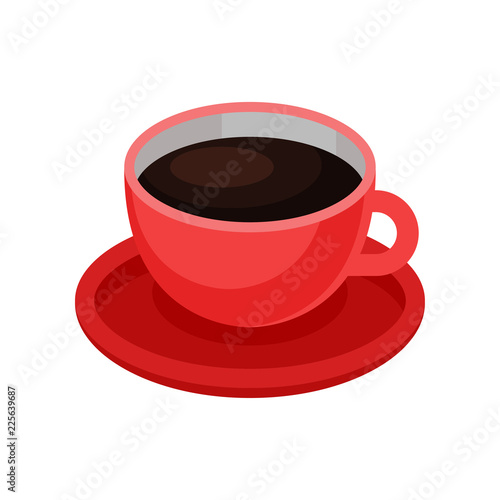 Red cup of fresh black coffee. Tasty morning beverage. Hot drink theme. Isometric vector element for cafe or restaurant menu