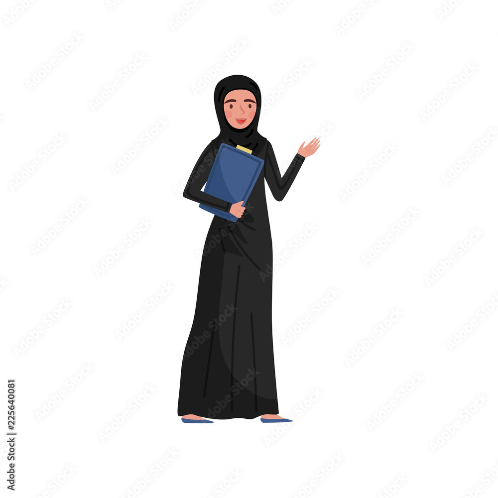 Friendly Muslim business woman with folder in hand. Young girl wearing long black dress and hijab. Flat vector design