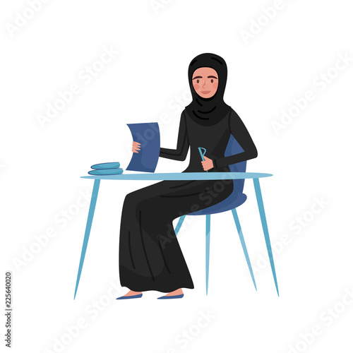Muslim businesswoman sitting at table and signing document. Woman in long black dress and hijab. Office worker. Flat vector