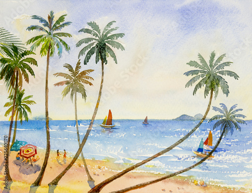 Painting watercolor seascape of family vacation.
