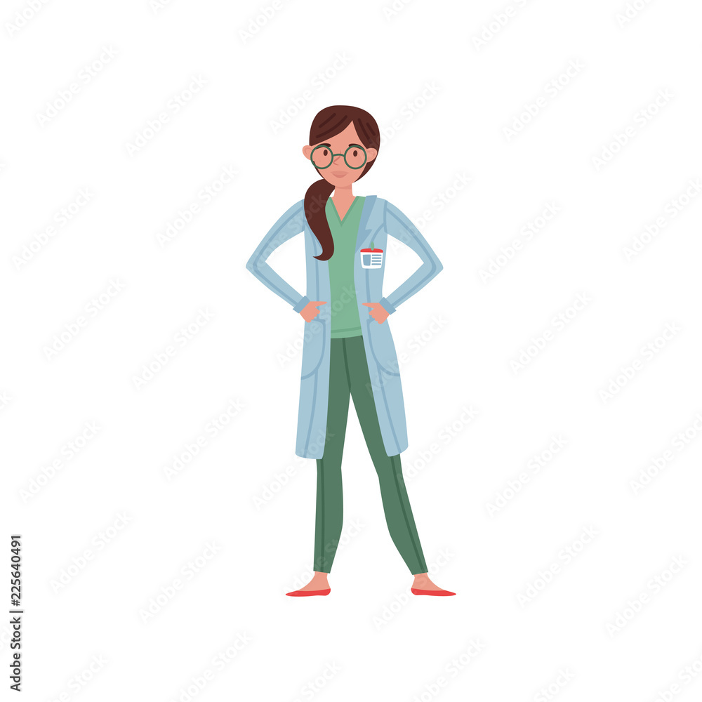 Cartoon character of hospital worker. Professional doctor. Young smiling woman in medical coat. Flat vector illustration Cartoon character of hospital worker. Professional doctor. Young smiling woman in medical coat. Flat vector illustration
