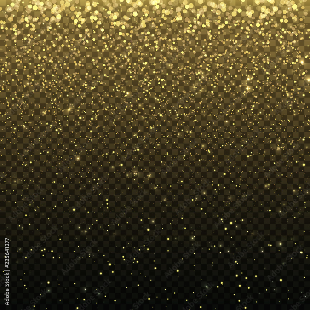 Gold glitter particles for the card, invitation. Lights effect isolated on transparent background. Graphic concept for your design.
