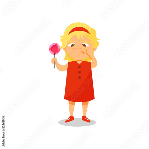 Girl with a lollipop in her hands suffering from toothache vector Illustration on a white background