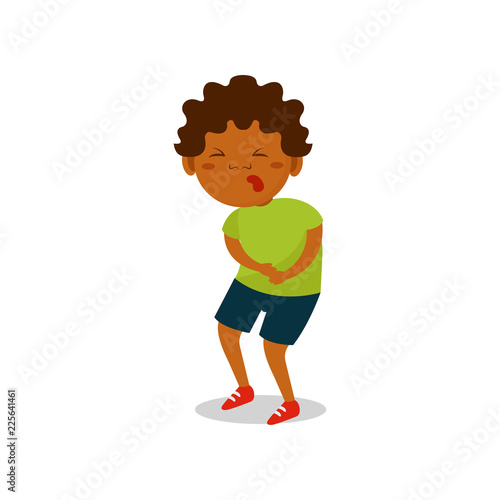 Cute african american boy suffering from stomach ache vector Illustration on a white background