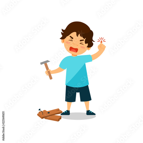 Crying boy with injured thumb, kid bruised a finger while hammering a nail vector Illustration on a white background