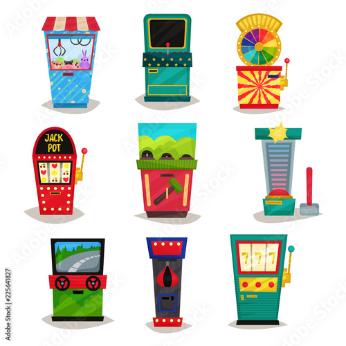 Retro arcade game machines set, claw crane, strength tester, auto simulator, wheel of fortune, boxing vector Illustration on a white background