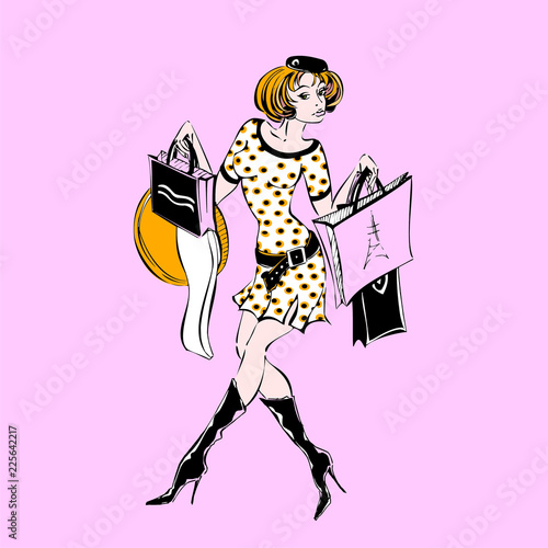 The girl shopping spree. Sale.Discounts. Purchases. Confessions of a Shopaholic. Vector.