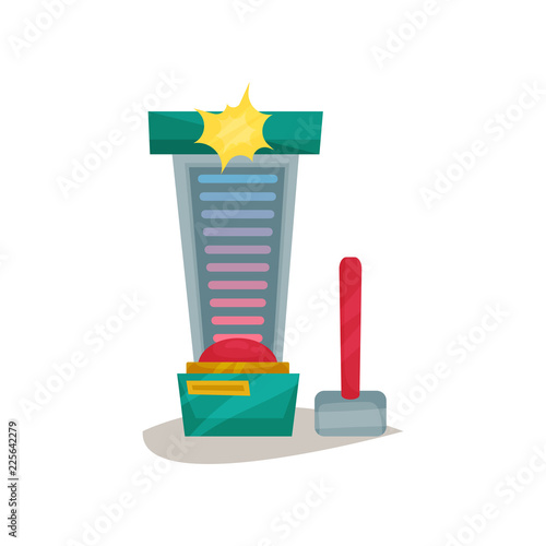 High striker attraction with big hammer, strength tester machine vector Illustration on a white background