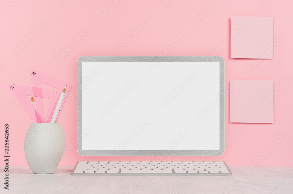Fashion home interior with silver notebook computer with blank screen, books, stationery on soft pink background. Fashion home interior with silver notebook computer with blank screen, books, stationery on soft pink background.
