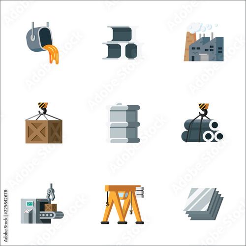Simple set metal production and metalworking factory vector line icon. Contains such icons metal smelting, plant, industry, manufacturing, conveyor, tower crane, loading, unloading.