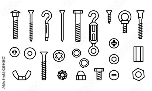 Simple set construction hardware vector line icons. Screws, bolts, nuts and rivets. Equipment stainless, fasteners, metal fixation gear, vector illustration.